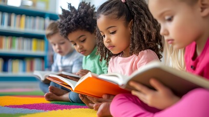 Group of Children Reading on Colorful Rug in Library Surrounded by Bookshelves perfect for literacy campaigns, school library promotions, early education materials and inclusive reading programs