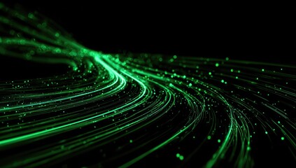 Abstract swirling green light trails on a dark background
