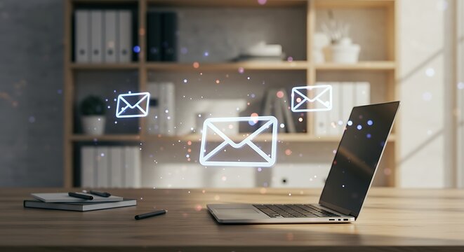 Laptop with Email Icon Overlay on Wooden Desk