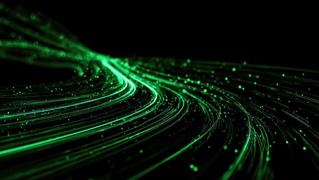 Abstract swirling green light trails on a dark background