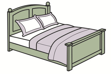 Illustration of a Bed with a Sage Green Frame, Pillows, and Lilac Bedspread