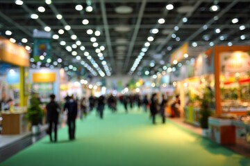 Blurred view of an exhibition hall.  Many people walking through a large, brightly lit exhibition hall with booths