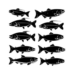 Fototapeta premium Salmon Fish Silhouettes Set Clipart on White Background