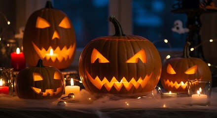 Halloween pumpkins glowing spooky jack o lanterns decoration