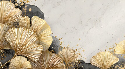 Ornate gold ginkgo leaves on a textured background.