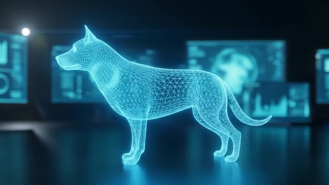 Dynamic Blue Wireframe Dog Hologram Rotating in a Dark, Futuristic Data Analysis Environment, Advanced AI and Veterinary Technology