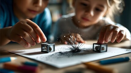 Kids Exploring Magnetism with Iron Filings and Simple Circuits perfect for physics education visuals, early STEM curriculum guides, homeschool science content and classroom discovery campaigns