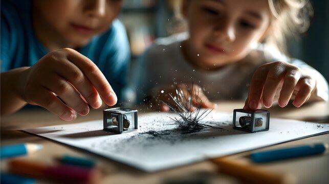 Kids Exploring Magnetism with Iron Filings and Simple Circuits perfect for physics education visuals, early STEM curriculum guides, homeschool science content and classroom discovery campaigns