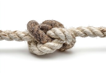 Close-up of a double-wrapped knot in a light and dark-brown rope against a plain white background