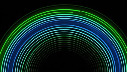 Abstract concentric rings of vibrant green and blue light trails