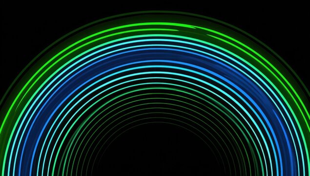 Abstract concentric rings of vibrant green and blue light trails - Powered by Adobe
