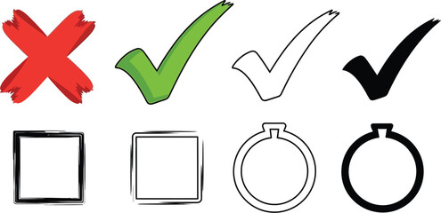 Illustration of a red x mark, green check marks and other shapes