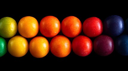 Colorful spherical candies arranged in a spectrum pattern against a black backdrop.
