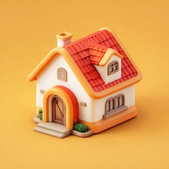 3D stylized, cartoon house on orange background.  Small, charming,  cute,  playful,  isometric,  digital,  illustration
