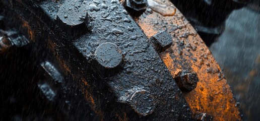 Rain-Soaked Industrial Machinery: A Close-Up of Rusty Metal and Bolts