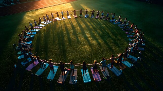 Group of Students Doing Outdoor Yoga in a Circle at Sunrise perfect for wellness program marketing, physical education campaigns, mindfulness retreats, and school lifestyle visuals