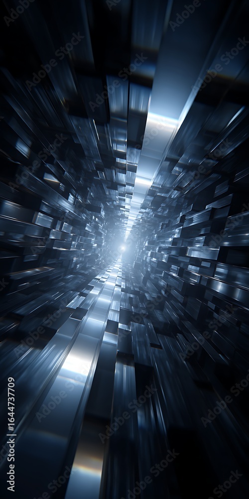 Wall mural futuristic tunnel with blue light and metal structure creating a sense of depth and motion in a mode