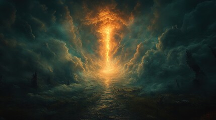 Fototapeta premium Abstract glowing light descends through dark clouds onto a reflective surface.