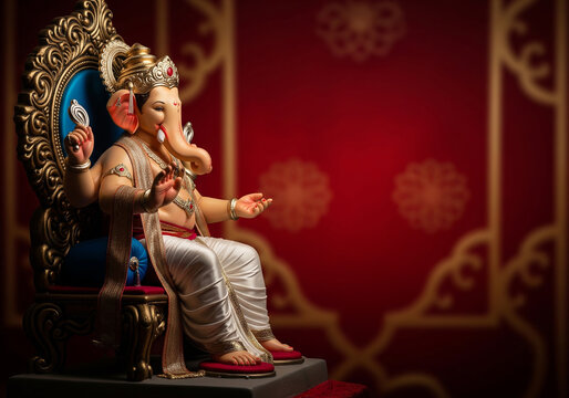 Hindu god Ganesha: ajestic illustration of Lord Ganesha on a throne for Ganesh Chaturthi with copy space.