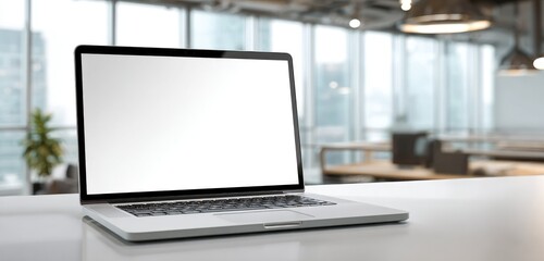 Silver laptop with blank screen on a white desk in a modern office setting