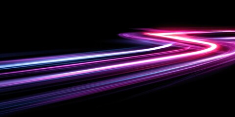 Abstract, vibrant, curving lines of light in fuchsia, purple, and blue hues against a black background