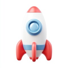 A stylized, cartoonish rocket ship.  Simple 3D model,  bright colors (white, light pink, light blue)  against a white background.  It's small,  cute, and playful