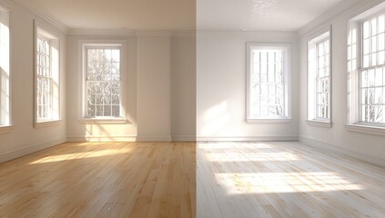 Sunlight illuminates a split-view of an empty room, showcasing warm and cool light variations on hardwood floors and white walls, highlighting light impact on ambiance