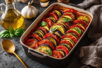 Roasted vegetables, layered in a baking dish, topped with herbs and sauce