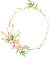 Elegant gold geometric frame with watercolor floral accents vector, transparent background, perfect for wedding invitations, luxury branding, and stationery design