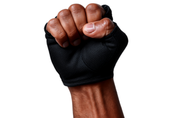 A strong male hand wearing a black boxing glove, showcasing determination and strength.