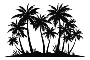 Obraz premium Palm Tree Silhouette Illustration Tropical Island with Black Palms and Foliage on White