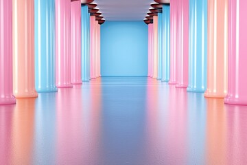 Obraz premium Pastel Pink and Blue Glossy Columns in a Reflective Hallway
