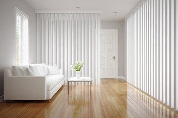 Bright, minimalist living space with white furnishings and sheer curtains