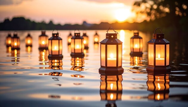 Lanterns floating on water at sunset