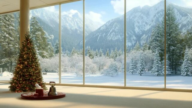 Winter wonderland view from a modern room with a Christmas tree