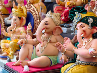 Newly made idols of the God known as Ganesha or Ganapati for sale at a shop on the eve of Ganesh festival in Pune, India.