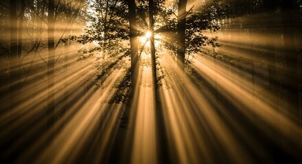 Golden Rays Piercing the Misty Forest Canopy