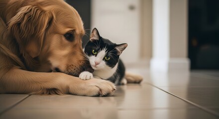 Golden Retriever and Black and White Cat Embrace on Tiled Floor