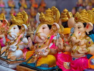 Newly made idols of the God known as Ganesha or Ganapati for sale at a shop on the eve of Ganesh festival in Pune, India.