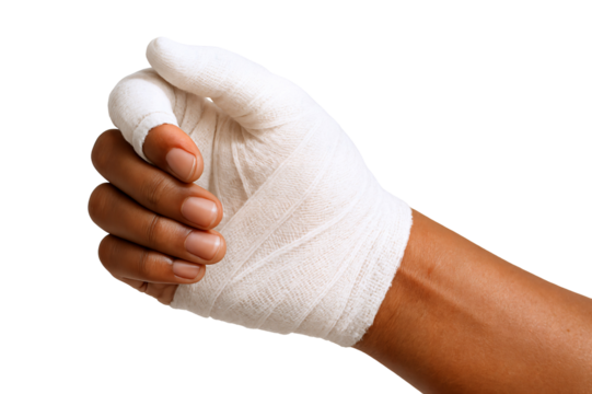 Close-up of a bandaged hand, demonstrating care and healing.