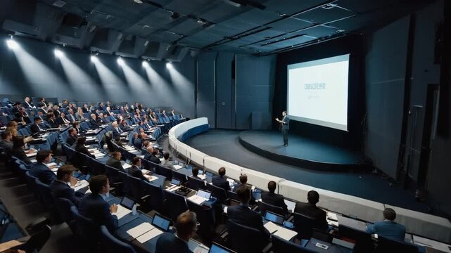Dynamic speaker presents insights to engaged audience at professional business conference event
