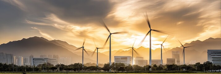 Sunset silhouettes wind turbines spinning near a city nestled in misty mountains