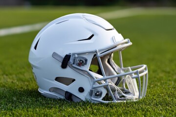 Fototapeta premium White football helmet on a grassy field (4)
