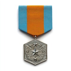 Medal with orange and light blue ribbon,  hexagonal silver medal, stars and wreath