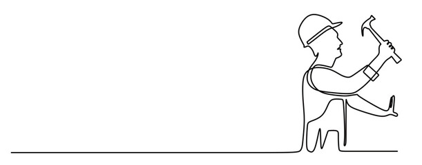 Continuous line art of a man working as a construction worker holding a hammer. This icon is isolated with a transparent background.