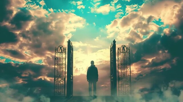 A serene video depicting a man standing at the gates of heaven, gazing thoughtfully at the doors to the afterlife amid soft, fluffy clouds in the blue sky, evoking themes of faith and reflection.