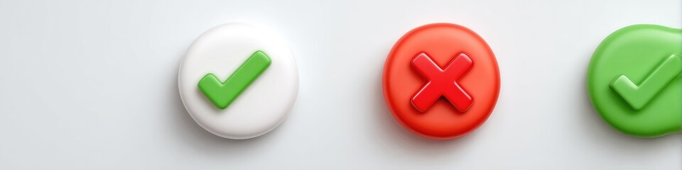 Fototapeta premium Three oval buttons, one white with a green checkmark, one red with a red x, and one green with a green checkmark, on a white background