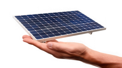 A hand holding a small solar panel with blue cells and a white frame against black background