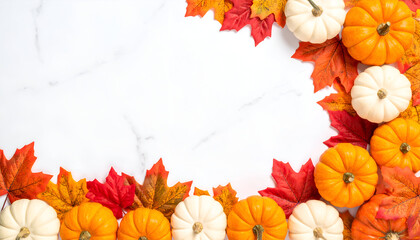 Autumn Harvest Arrangement Featuring Colorful Pumpkins and Fall Leaves on a White Marble Surface