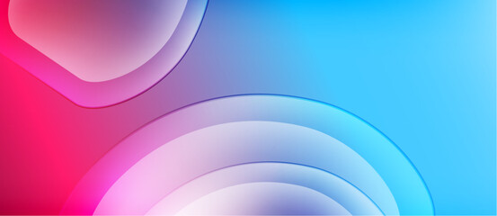 Abstract background features layered shapes, vibrant pinks transitioning into blues. Smooth gradients create modern visual appeal.